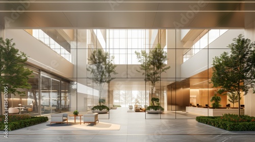 A streamlined office building with a transparent glass lobby.