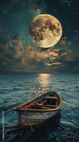 Solitary boat drifts under full moon in starry sky, evoking philosophical contemplation. Serene scene invites introspection.







