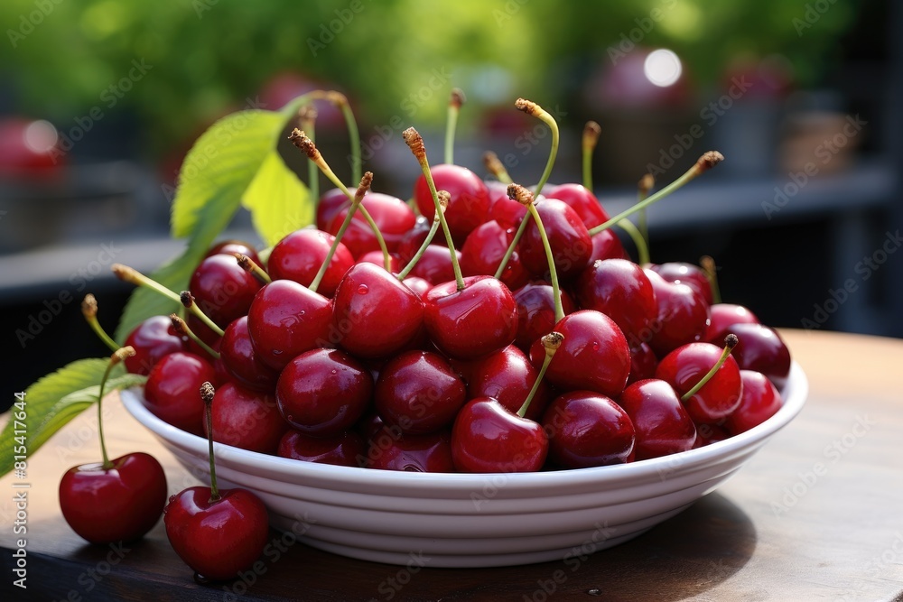 Fresh red cherries fruit in bowl on table in garden Fresh red cherries fruit in bowl on table in garden