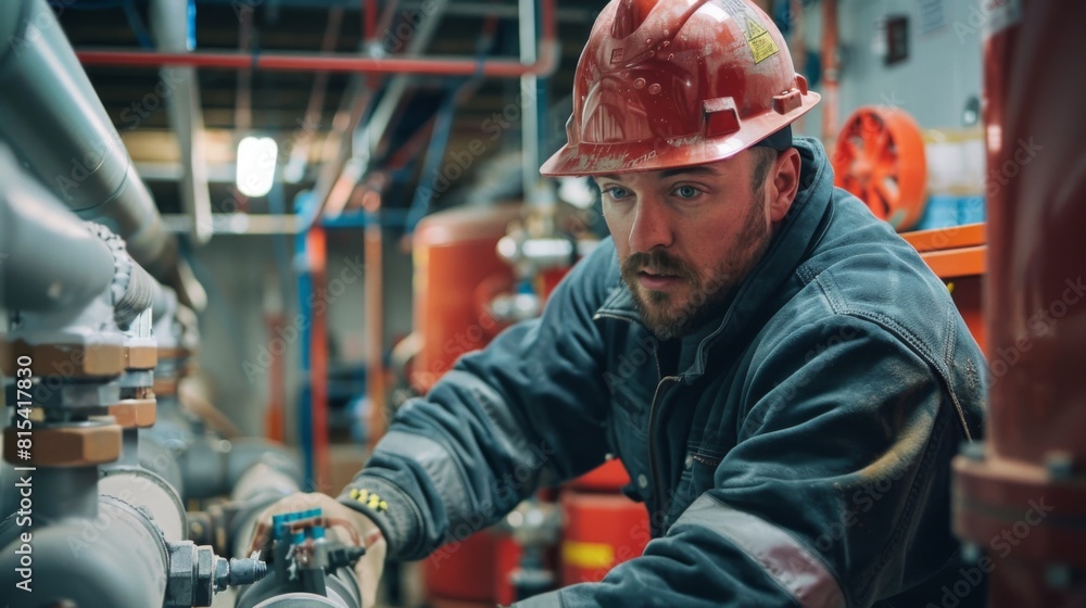 A plumber working on the fire suppression system in a commercial building. A plumber working on the fire suppression system in a commercial building.