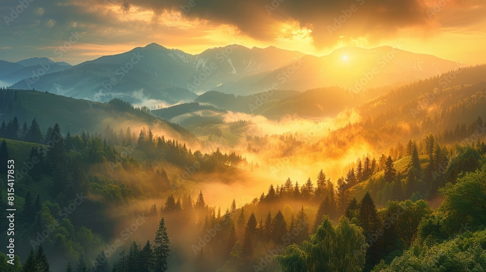 Mountain landscape with forested hills with fog in the valley at sunrise. Breathtaking natural scenery Mountain landscape with forested hills with fog in the valley at sunrise. Breathtaking natural scenery