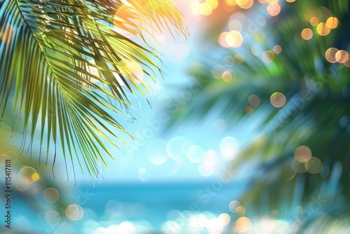 Abstract summer scene with blurred ocean, palm leaves, and defocused bokeh lights. A dreamy seaside view.