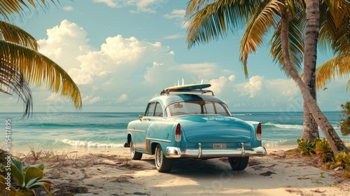 An old car parked on a tropical beach with a surfboard on the roof. © Lubos Chlubny