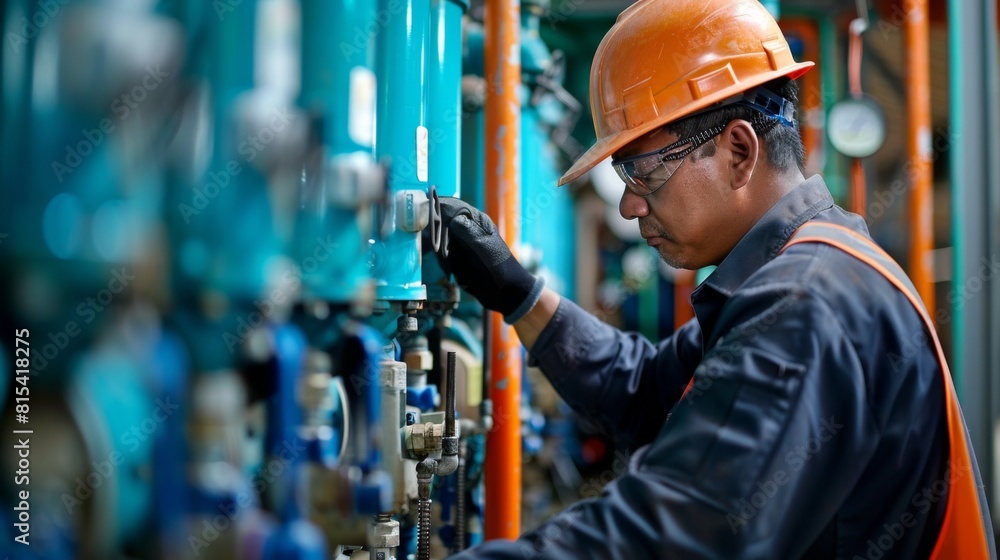 A plumber working on a desalination unit at a coastal facility. A plumber working on a desalination unit at a coastal facility.