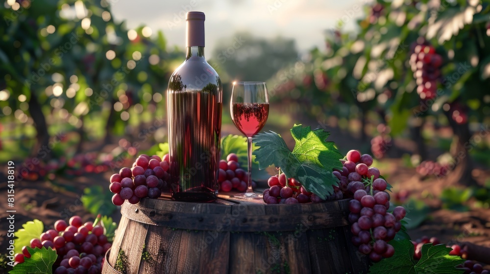 Wine bottles, glasses, grapes, and barrel against a scenic vineyard backdrop. Iconic symbols of winemaking amidst lush vines.







