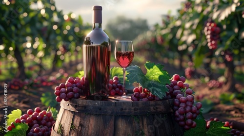 Wine bottles, glasses, grapes, and barrel against a scenic vineyard backdrop. Iconic symbols of winemaking amidst lush vines.







