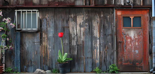 A solitary flower blooms beside the tea store, adding a touch of color to its rustic exterior against the backdrop of the textured wooden wall. photo