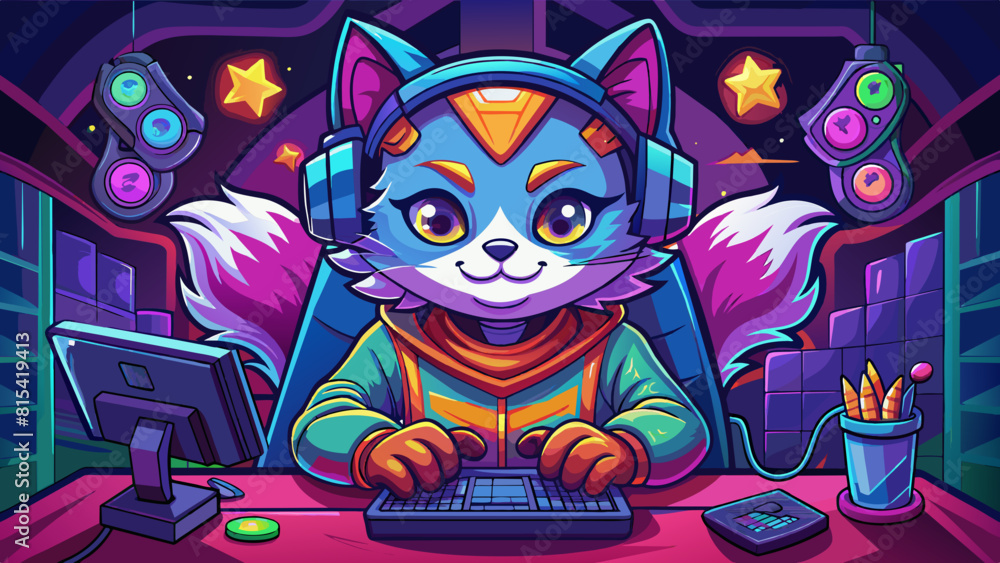 cat gamer close-up wearing headphones sitting at the computer on a purple background