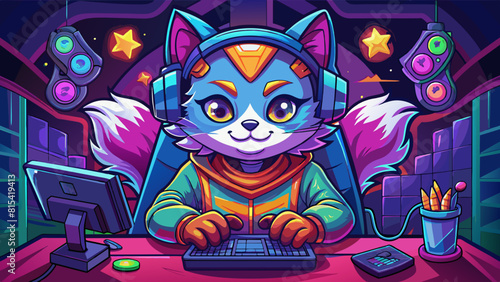 cat gamer close-up wearing headphones sitting at the computer on a purple background