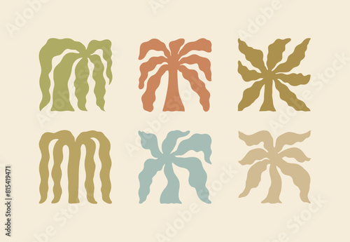 Boho Palm Tree Set. Groovy Wavy Geometric Summer Palms. Vector Abstract Square Tropical Icons in Retro Hand Drawn Style for Logo, Print, Pattern, Poster, Web Design and Social Media