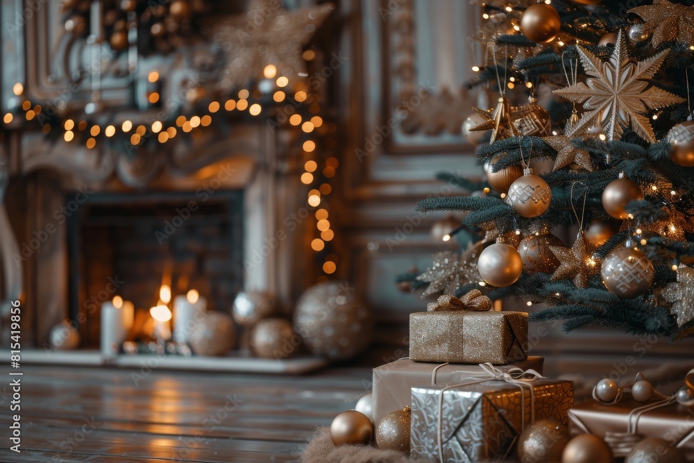 Gifts beneath Christmas tree in cozy home with fireplace and starry garlands. Warm holiday ambiance captured with abstract defocused lights.







