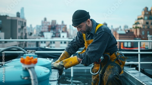 A plumber repairing a leak in the plumbing of an apartment building rooftop pool. photo