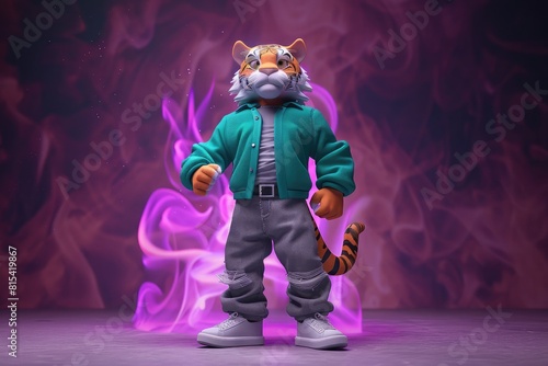 Magical tiger, full display, teal top, gray pants, purple fantasy setting, clay matte finish. photo