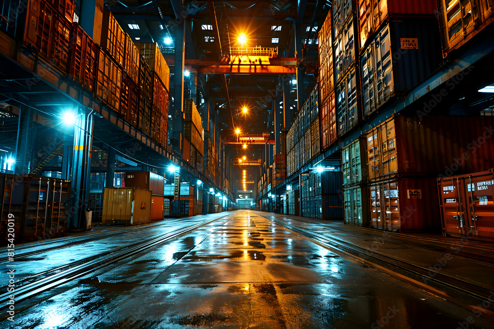 Containers in a warehouse at night. Cargo freight transportation and logistics. Containers in a warehouse at night. Cargo freight transportation and logistics.