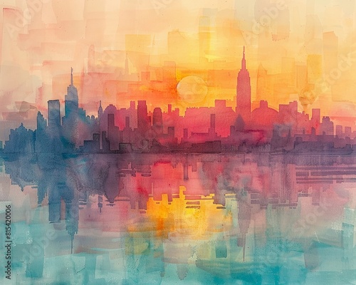 A watercolor city skyline at sunrise, with soft, colorful hues and silhouetted architectural elements in the background Generative AI