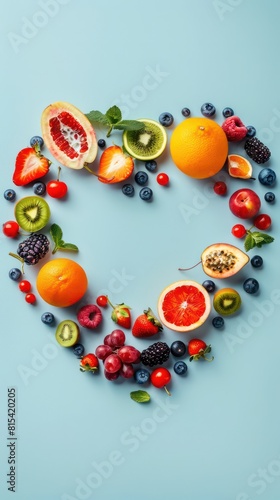 Fruits arranged in a heart shape on the center of light blue background