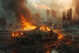 The car is burning in an abandoned, desolate city. Doomsday’s concept