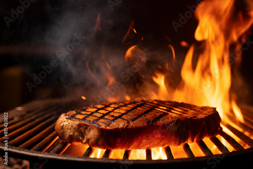 Grilled steak on a barbecue grill with flames on a black background