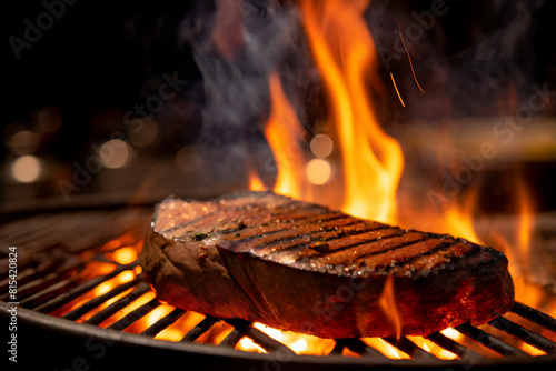 Grilled steak on a barbecue grill with flames on a black background
