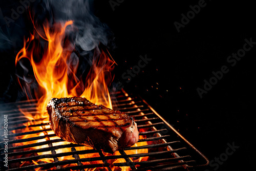 Grilled steak on a barbecue grill with flames on a black background © Mariusz Blach