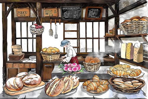 Freshly Baked Bread and Pastries in a Cozy European Bakery A Tempting Display of Artisan Skill and photo