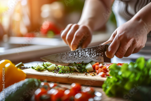  person is using an intricately designed knife to slice fresh vegetables on a wooden board, with a closeup of hands and the blade with colorful ingredients in the background