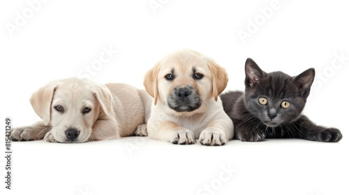 Friendship between a puppy a dog and a cat in a white background