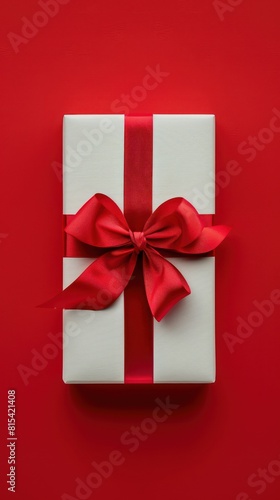 White gift box with red ribbon in the center on a red background, ultra detailed, top shot © SOEM