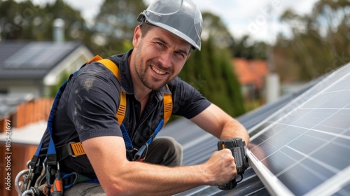 A plumber installing a solar water heating panel on a rooftop. photo