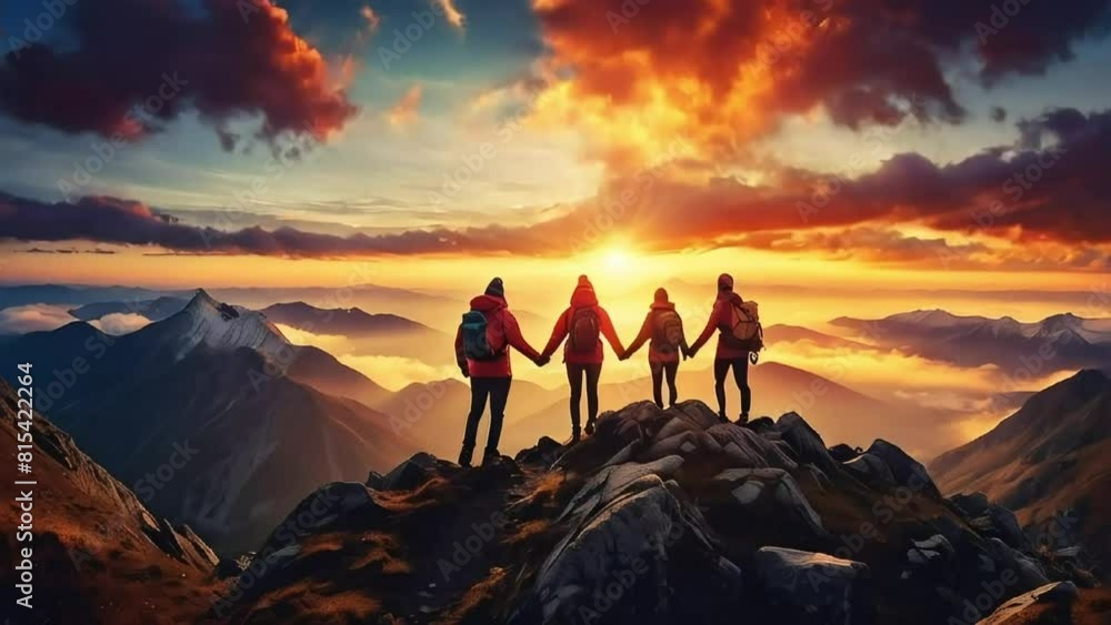 Four people standing on the top of the mountain holding hands Four people standing on the top of the mountain holding hands