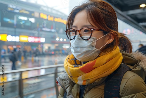 A young woman wearing a surgical mask and glasses is looking out a window. photo
