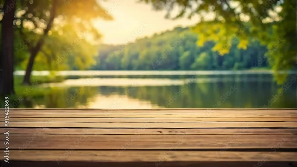 A wooden table with a view of a lake A wooden table with a view of a lake