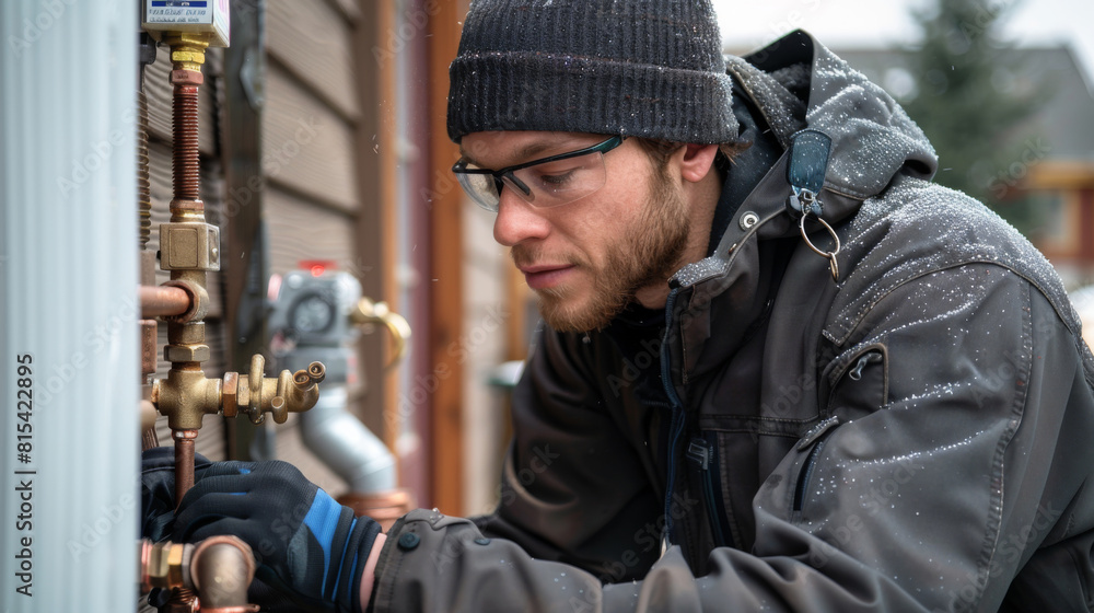 A plumber fitting anti-freeze systems in an outdoor plumbing setup. A plumber fitting anti-freeze systems in an outdoor plumbing setup.