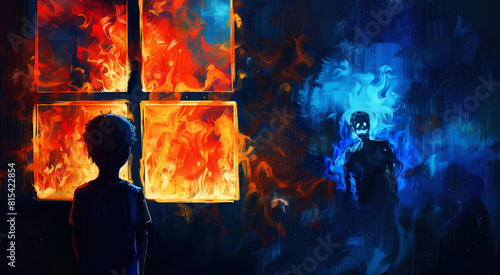 A painting of a boy standing near a window inside a dark house at night and watching the unformed evil approaching from outside. photo