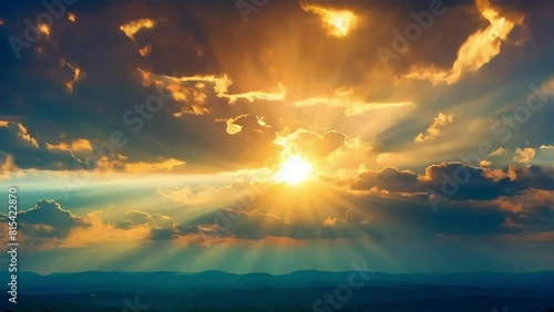 The sun is shining brightly through the clouds, creating a beautiful