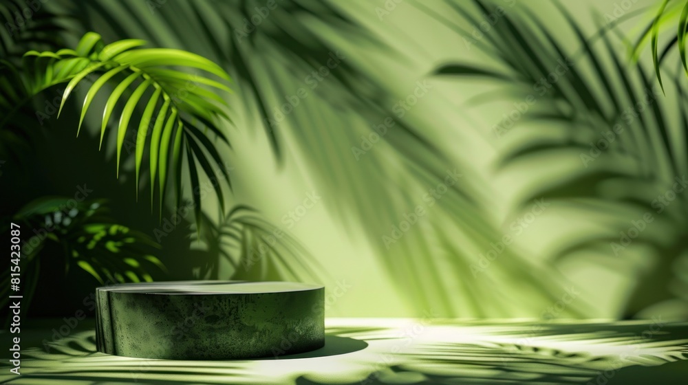 Abstract green background with shadow of palm leaves for the presentation of a cosmetic product. Abstract green background with shadow of palm leaves for the presentation of a cosmetic product.