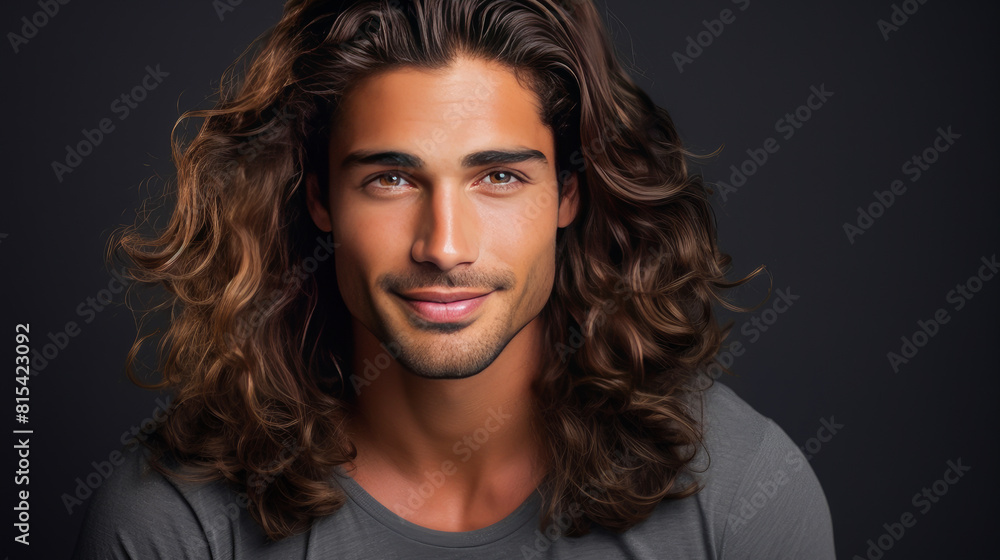 Portrait of an elegant sexy smiling Latino man with perfect skin and long hair, on a silver background. Portrait of an elegant sexy smiling Latino man with perfect skin and long hair, on a silver background.
