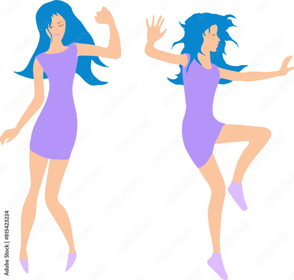 Vector illustration A girl with long hair in a club dress dances selflessly. purple dress and blue long hair. Two dancing free style poses. Slender figure of young energetic girl in relaxed dance Vector illustration A girl with long hair in a club dress dances selflessly. purple dress and blue long hair. Two dancing free style poses. Slender figure of young energetic girl in relaxed dance