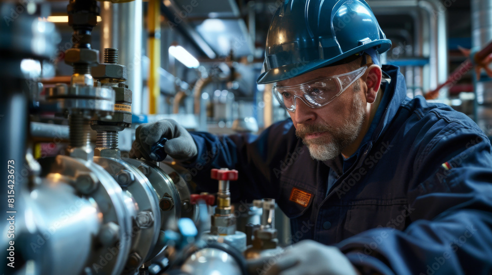 A plumber checking the integrity of a factory steam piping with ultrasound equipment. A plumber checking the integrity of a factory steam piping with ultrasound equipment.