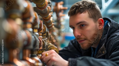 A plumber adjusting valves in a large commercial plumbing system.