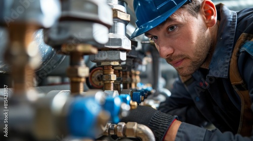 A plumber adjusting valves in a large commercial plumbing system.