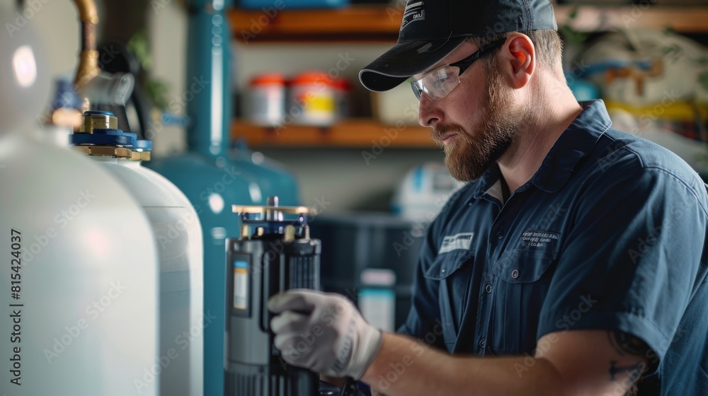 A plumber adjusting a water softener system in a family home.