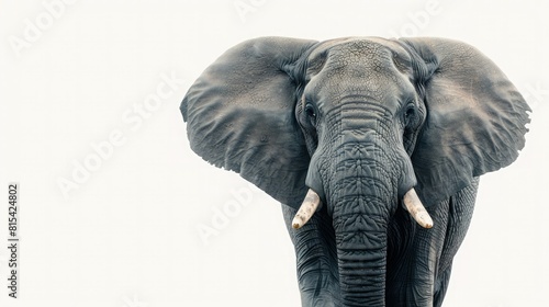 A large elephant is standing in front of a white background. The elephant is gray and has large ears. Its trunk is curled up and it is looking at the camera.