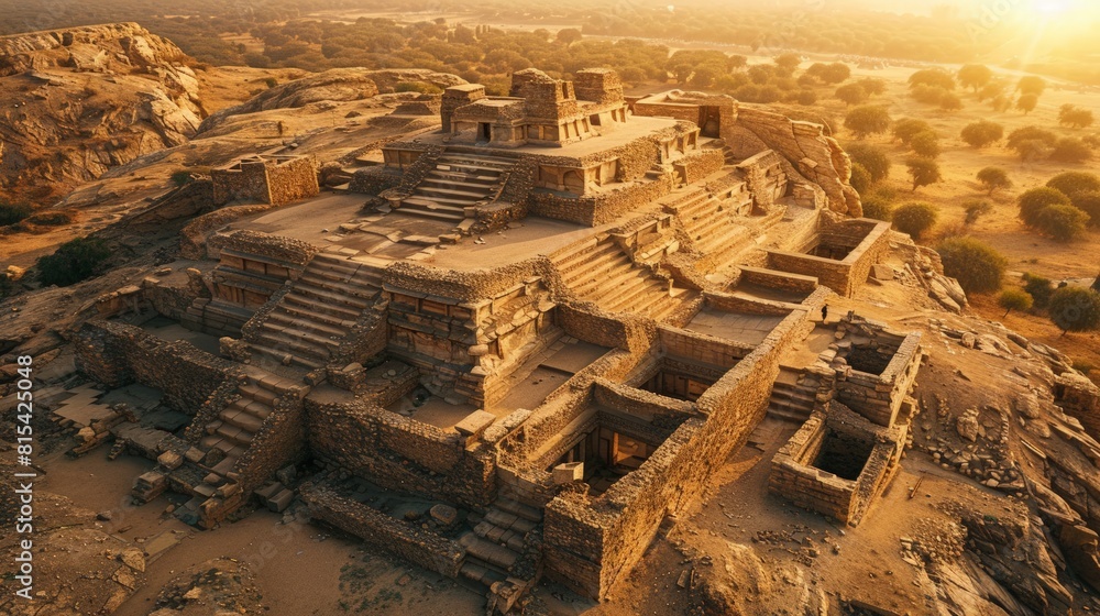 Aerial view of the Mohenjo-Daro in Pakistan, showcasing the ancient ruins of the Indus Valley Civilization set in the arid landscape of the Sindh region.     