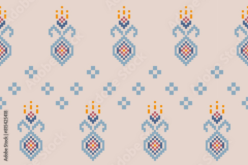 Pixel ethnic pattern, Vector embroidery pattern background, Geometric traditional triangle style, Blue and orange pattern knitting vintage, Design for textile, fabric, batik, kaftan, fibres
