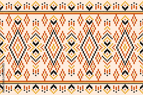 Pixel ethnic pattern, Vector embroidery pattern background, Geometric traditional triangle style, Blue and orange pattern knitting vintage, Design for textile, fabric, batik, kaftan, fibres
