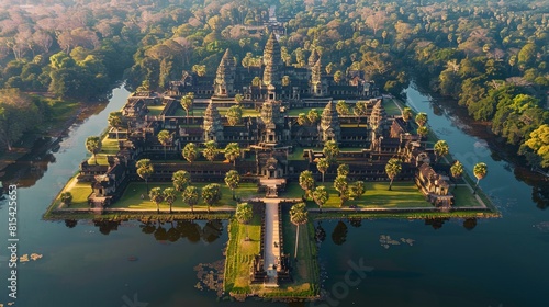 Aerial view of Angkor Wat in Cambodia, with its intricate temple complex surrounded by dense jungle and reflecting ponds