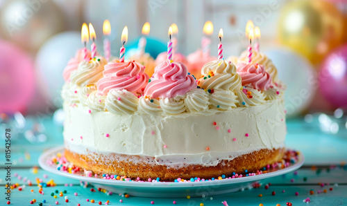Vibrant Birthday Celebration Cake with Pink and White Frosting and Lit Candles on Bright Festive Background