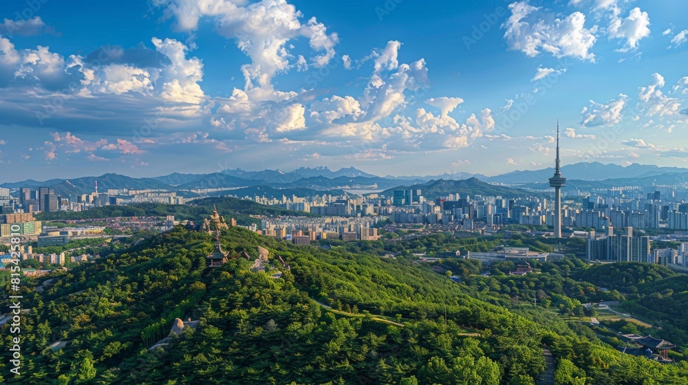 Aerial view of Seoul Tower in South Korea, perched on Namsan Mountain with a panoramic view of the bustling city and surrounding green spaces.     