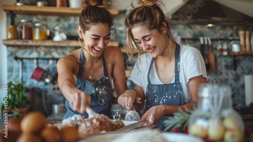 Two women are laughing and making a cake in a kitchen